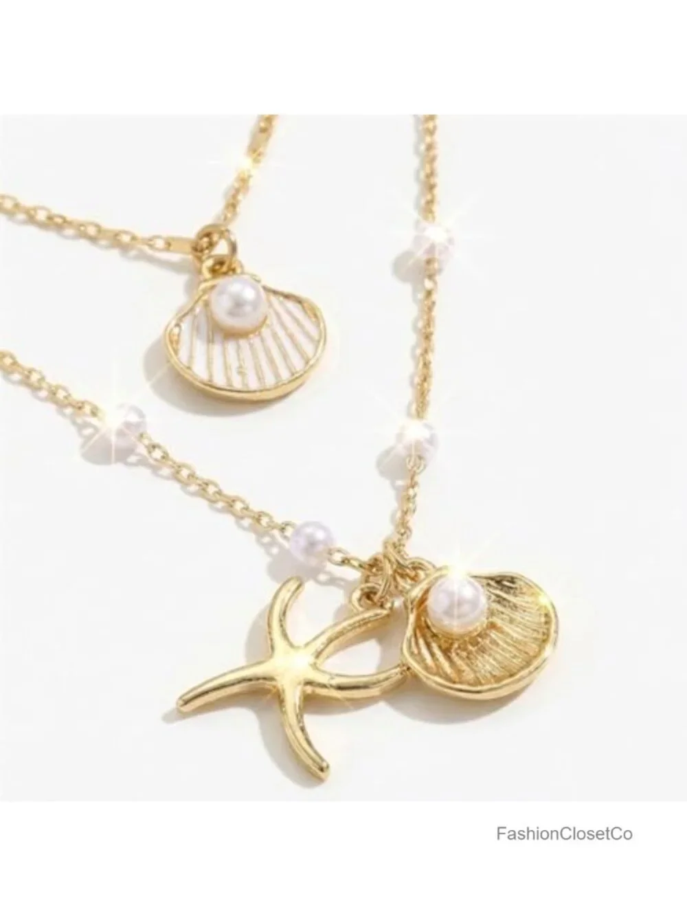 Gold Layered Seashell Necklace Set Boho Pearl Beaded Starfish Charm Chain